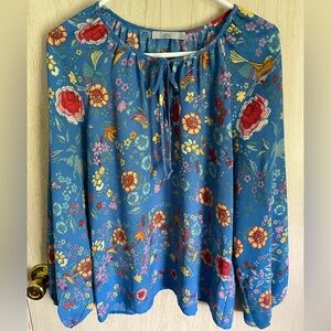 Dalia Blue Floral Peasant Chiffon Boho Long Sleeve Blouse Sz Med